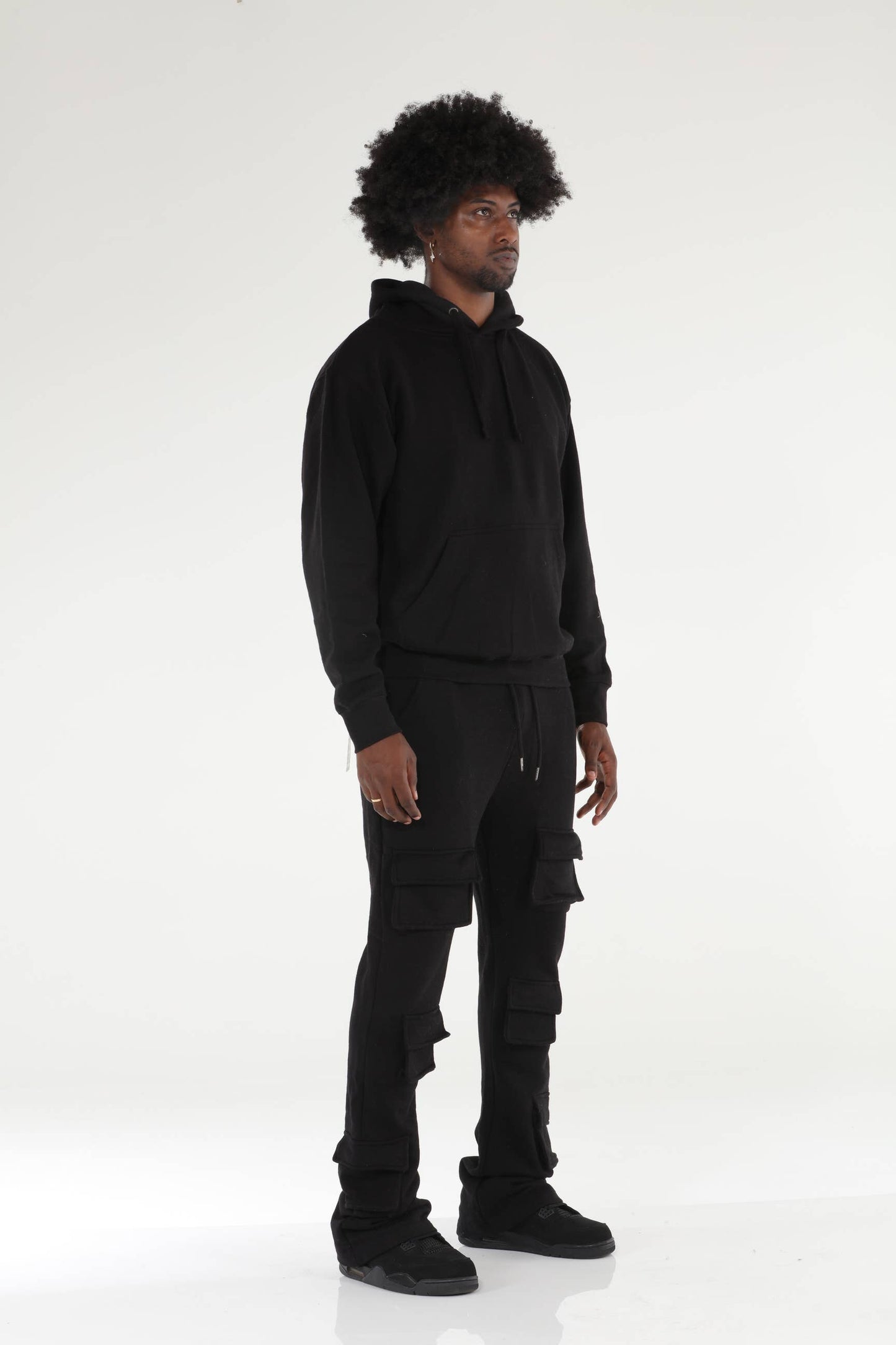 6 Pocket Black Stacked Flare Sweatsuit