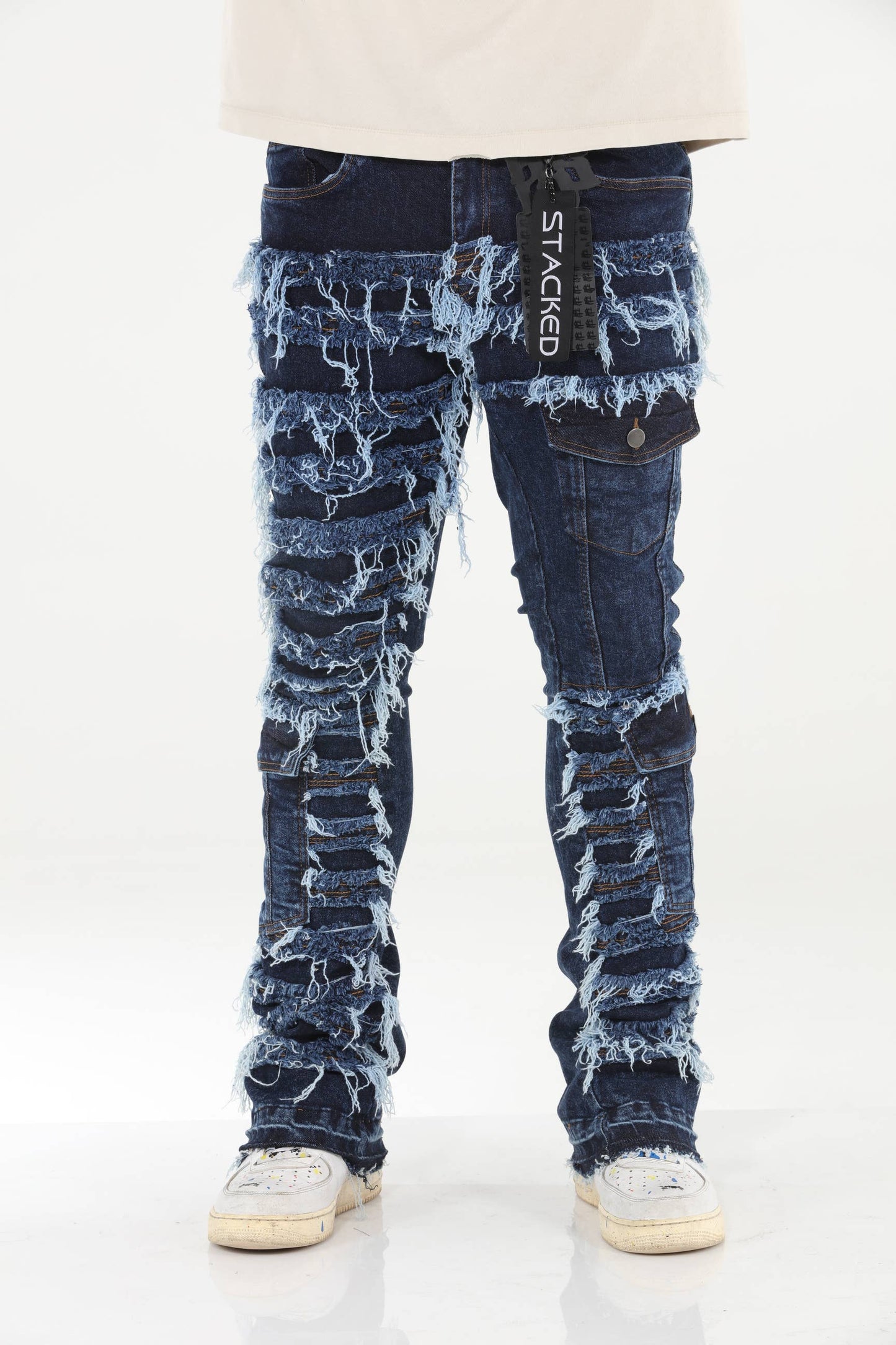 Cargo Pocket Distressed Stacked Flare Jeans