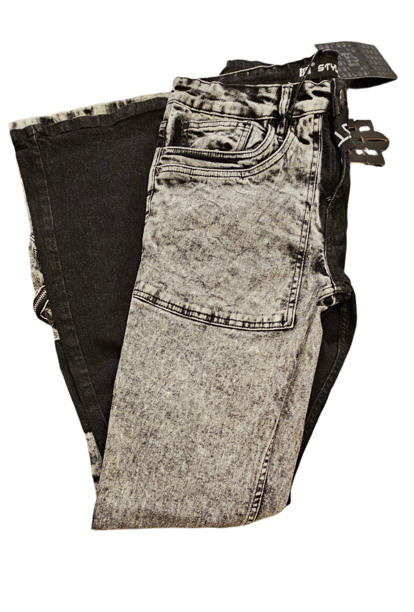 Two Tone Acid Wash Stacked Flare Jeans