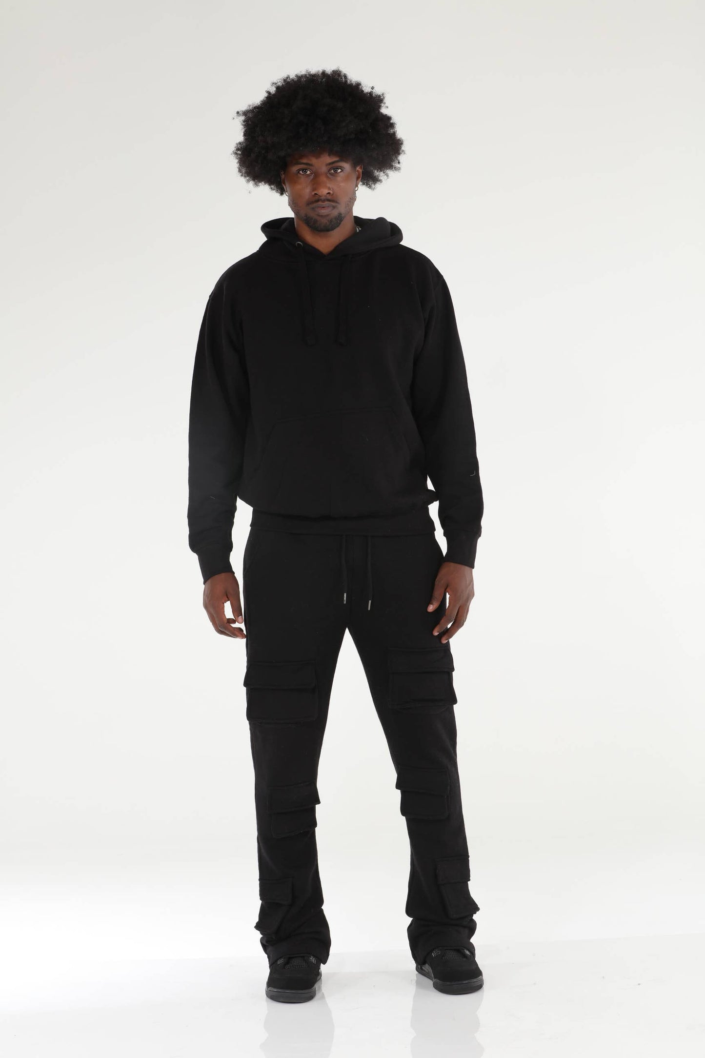 6 Pocket Black Stacked Flare Sweatsuit