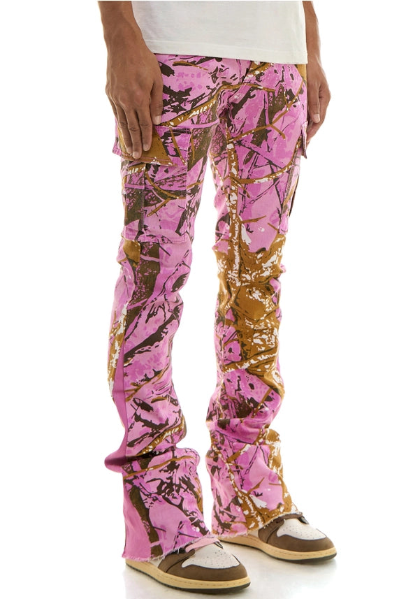 Pink Camo Hunting Cargo Stacked Skinny Flare Jeans