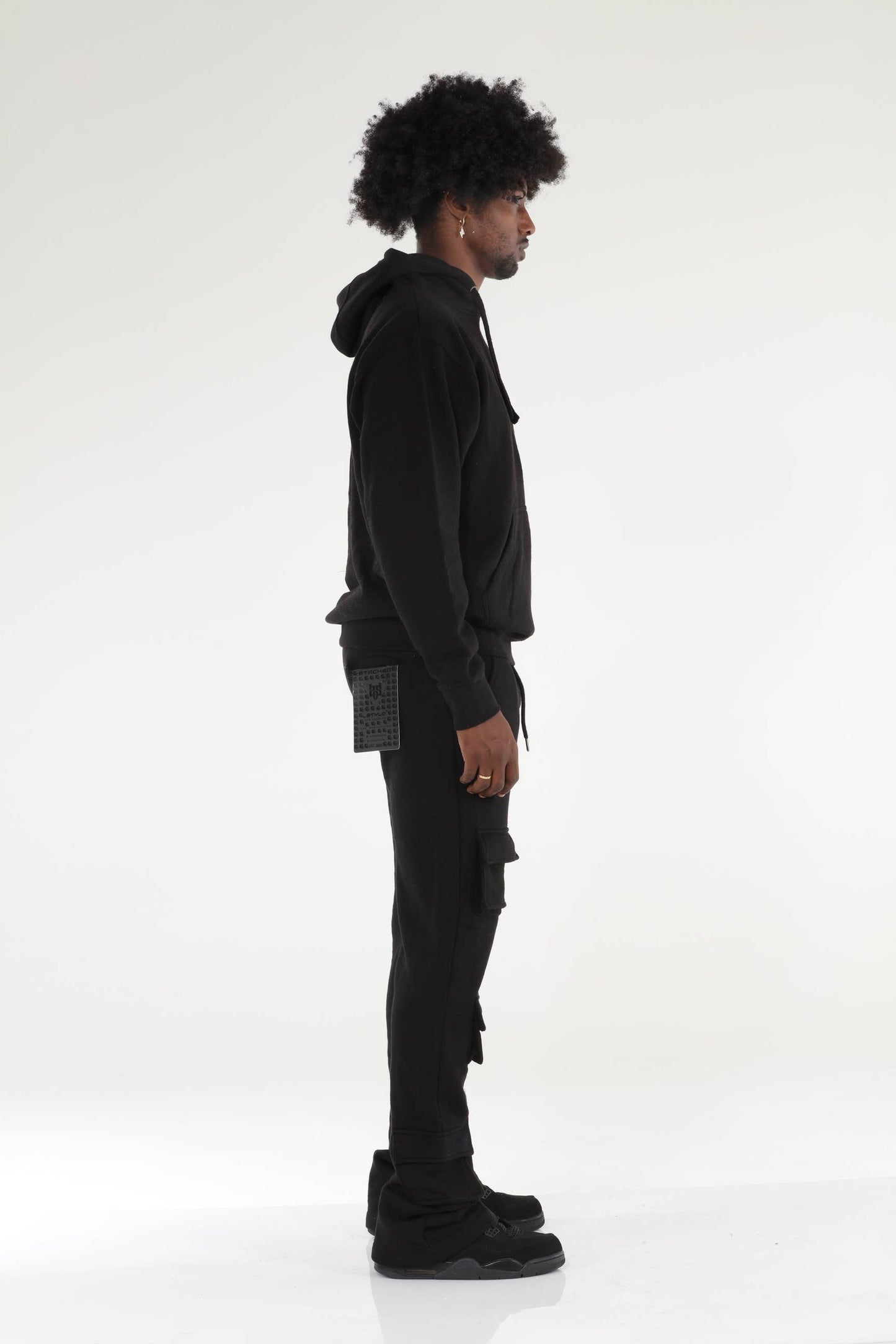 6 Pocket Black Stacked Flare Sweatsuit