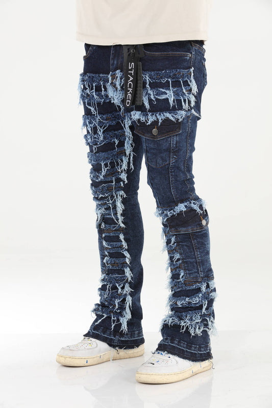 Cargo Pocket Distressed Stacked Flare Jeans