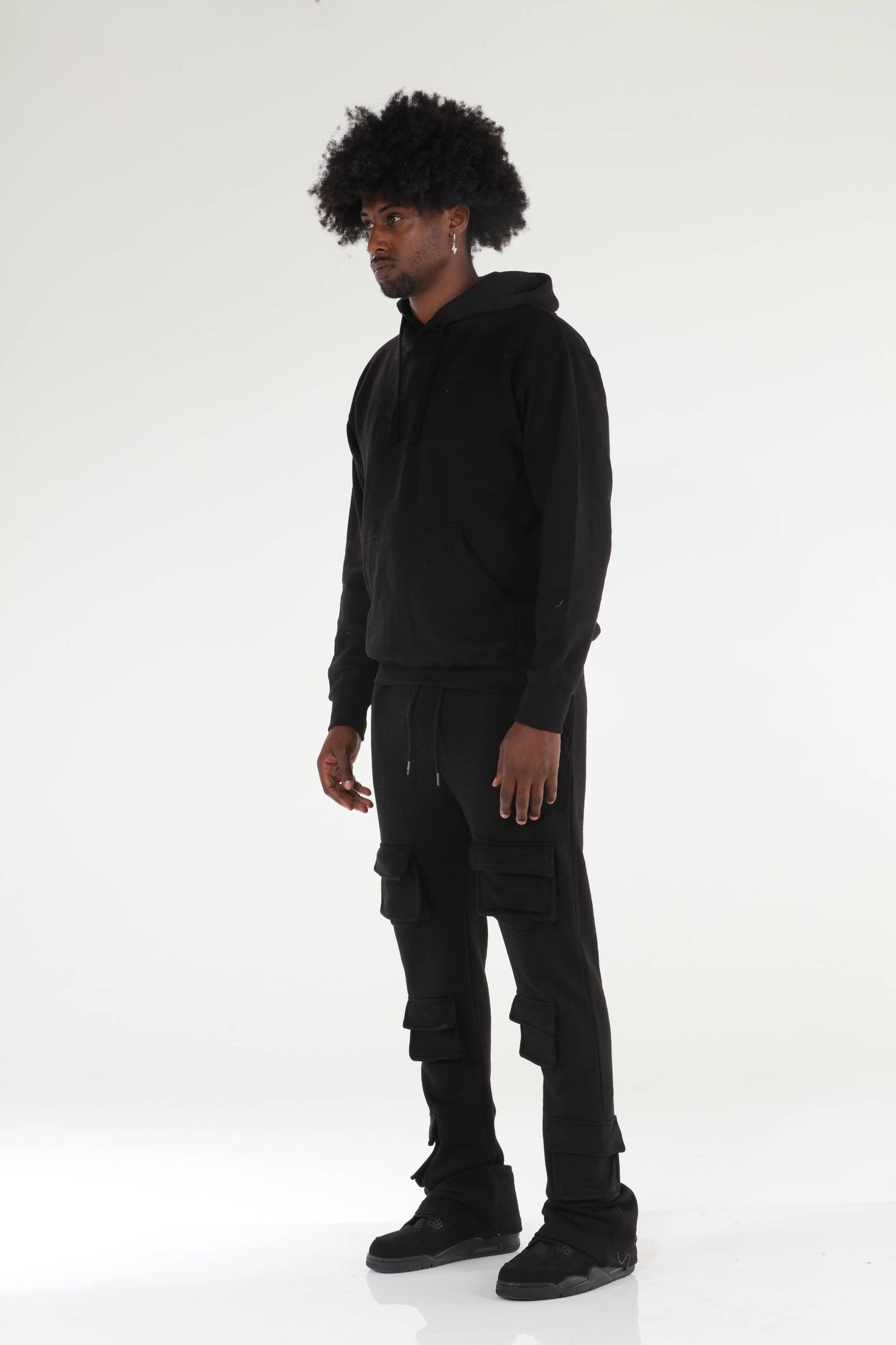 6 Pocket Black Stacked Flare Sweatsuit