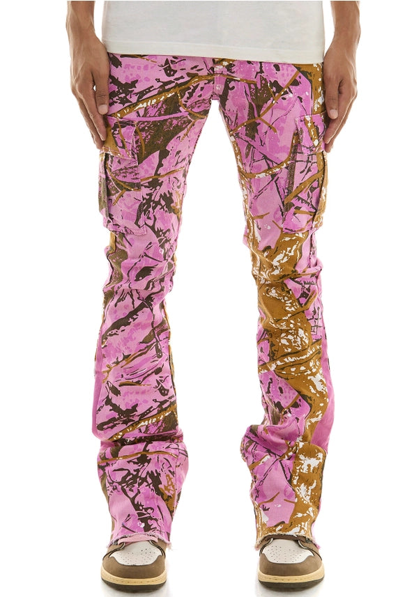 Pink Camo Hunting Cargo Stacked Skinny Flare Jeans