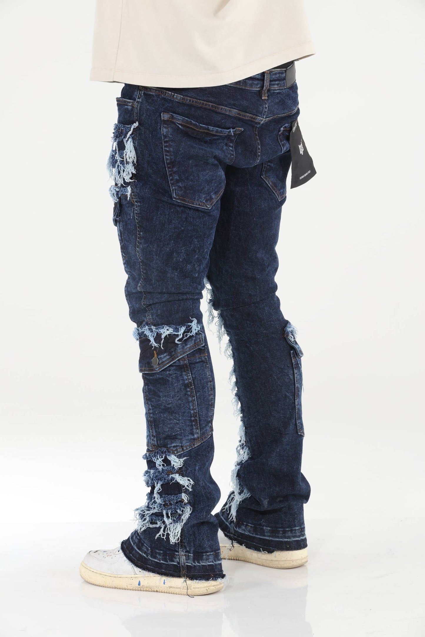 Cargo Pocket Distressed Stacked Flare Jeans