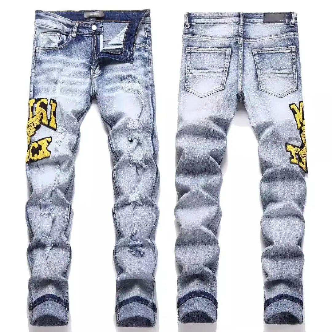 Luxury Slim Fit Ripped Embroidered Jeans