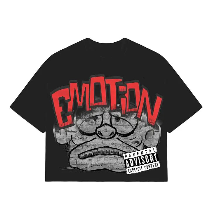 Vintage Emotion Monster Print Cotton T-Shirt