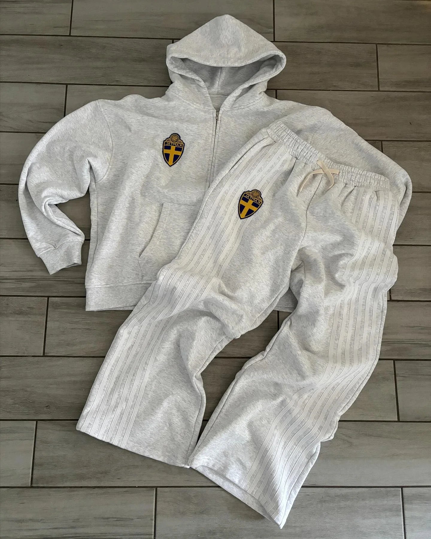 Retro Striped Embroidered Zip Hoody & Sweatpants Set