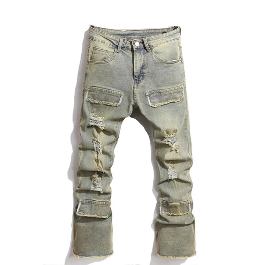 Streetwear Retro Style Men Ripped Spliced Jeans