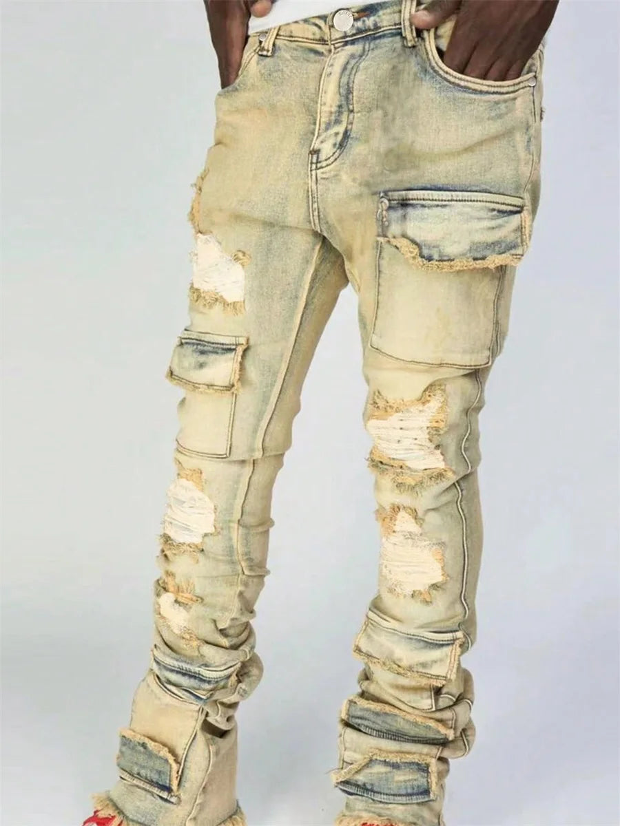 Men Ripped Distressed Cargo Jeans