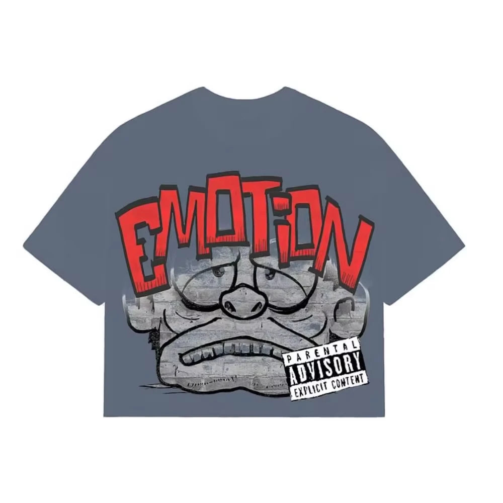 Vintage Emotion Monster Print Cotton T-Shirt