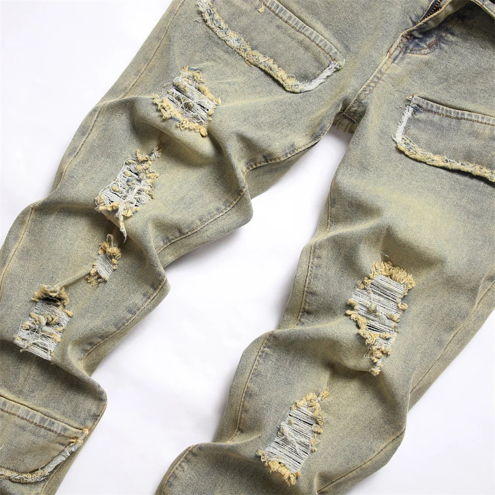 Streetwear Retro Style Men Ripped Spliced Jeans