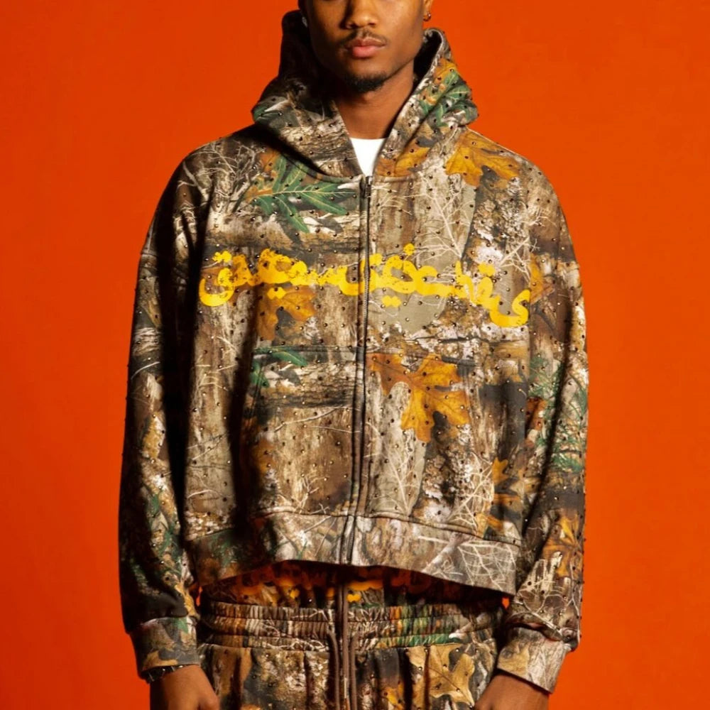 New Streetwear Zipper Hoodie Two Piece Camouflage Set