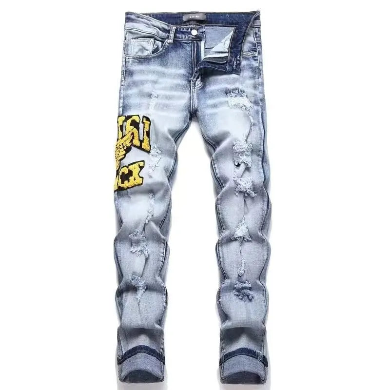 Luxury Slim Fit Ripped Embroidered Jeans