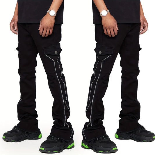 Black Men's Stacked Side Zipper Spliced Jeans