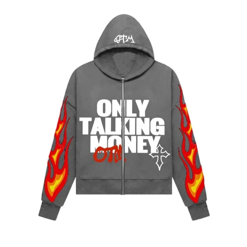 OTM Flame  Printed Zip Up Hoodie