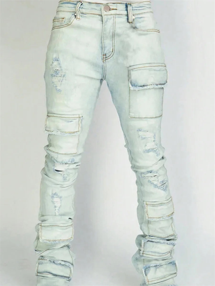 Men Ripped Distressed Cargo Jeans