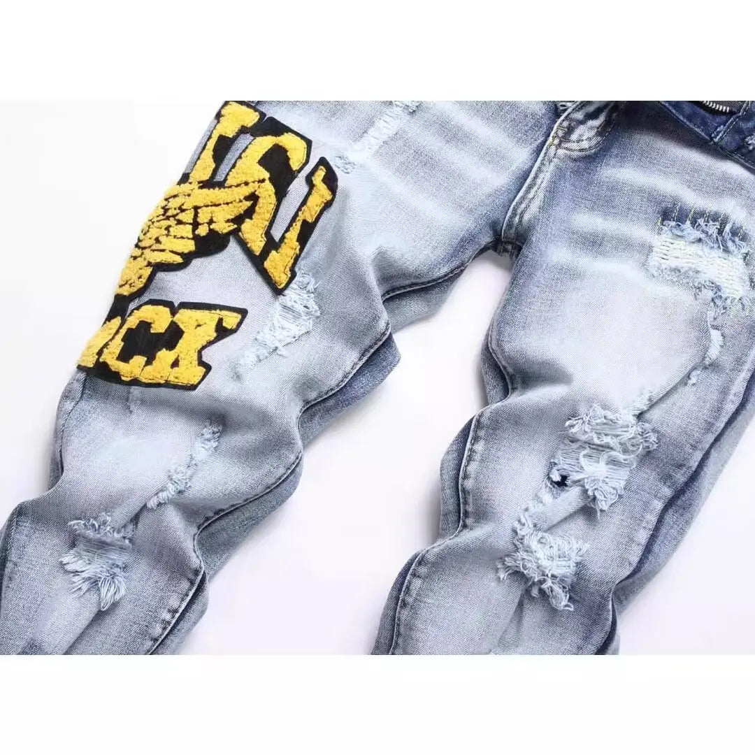 Luxury Slim Fit Ripped Embroidered Jeans