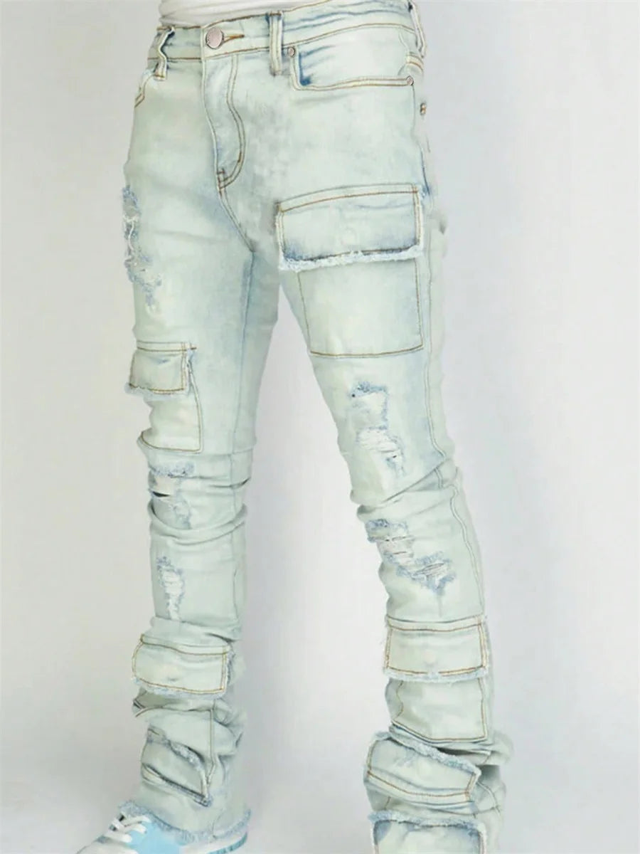 Men Ripped Distressed Cargo Jeans