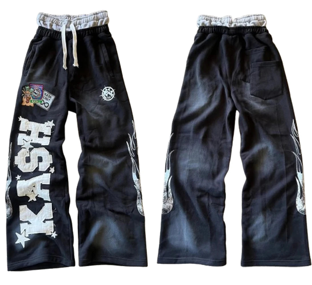 Kash Gothic Letter Patch  Elastic Waist Joggers