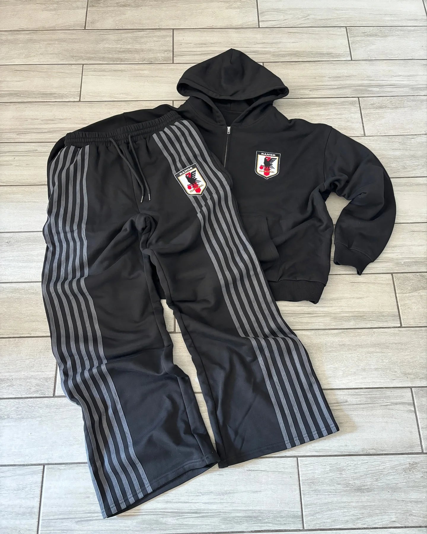 Retro Striped Embroidered Zip Hoody & Sweatpants Set