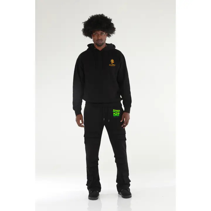 "Stand on Dat" 6 Pocket Black Stacked Flare Sweatsuit