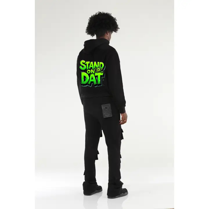 "Stand on Dat" 6 Pocket Black Stacked Flare Sweatsuit