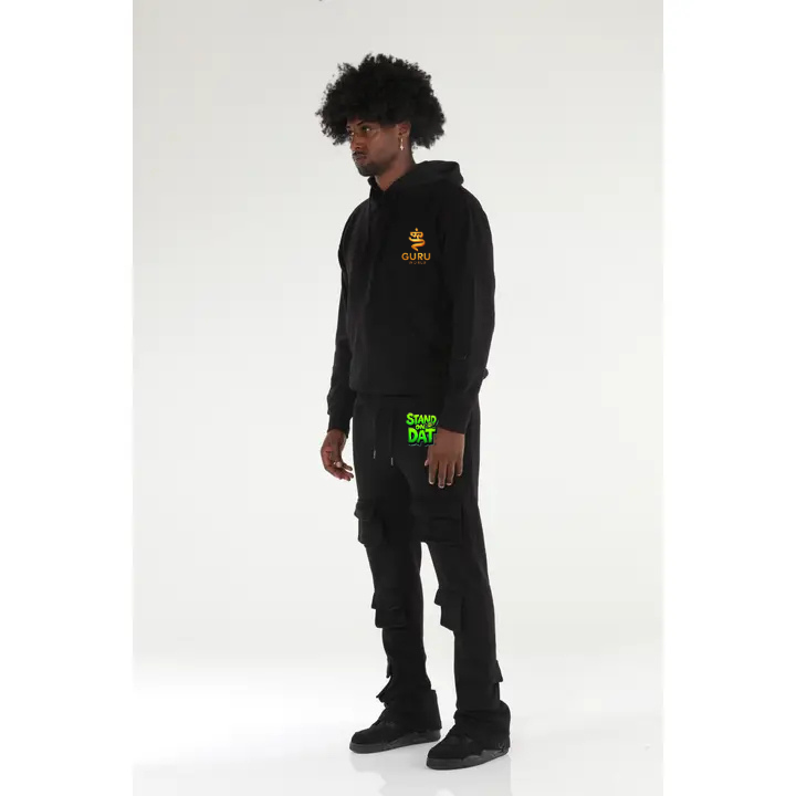 "Stand on Dat" 6 Pocket Black Stacked Flare Sweatsuit