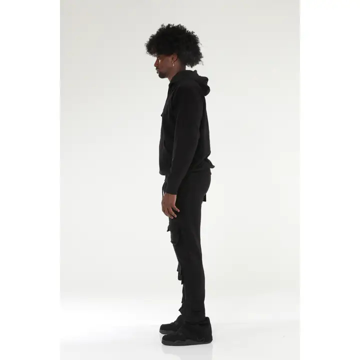 "Stand on Dat" 6 Pocket Black Stacked Flare Sweatsuit