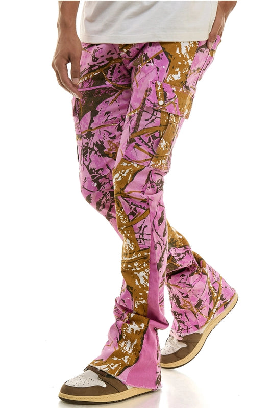 Pink Camo Hunting Cargo Stacked Skinny Flare Jeans