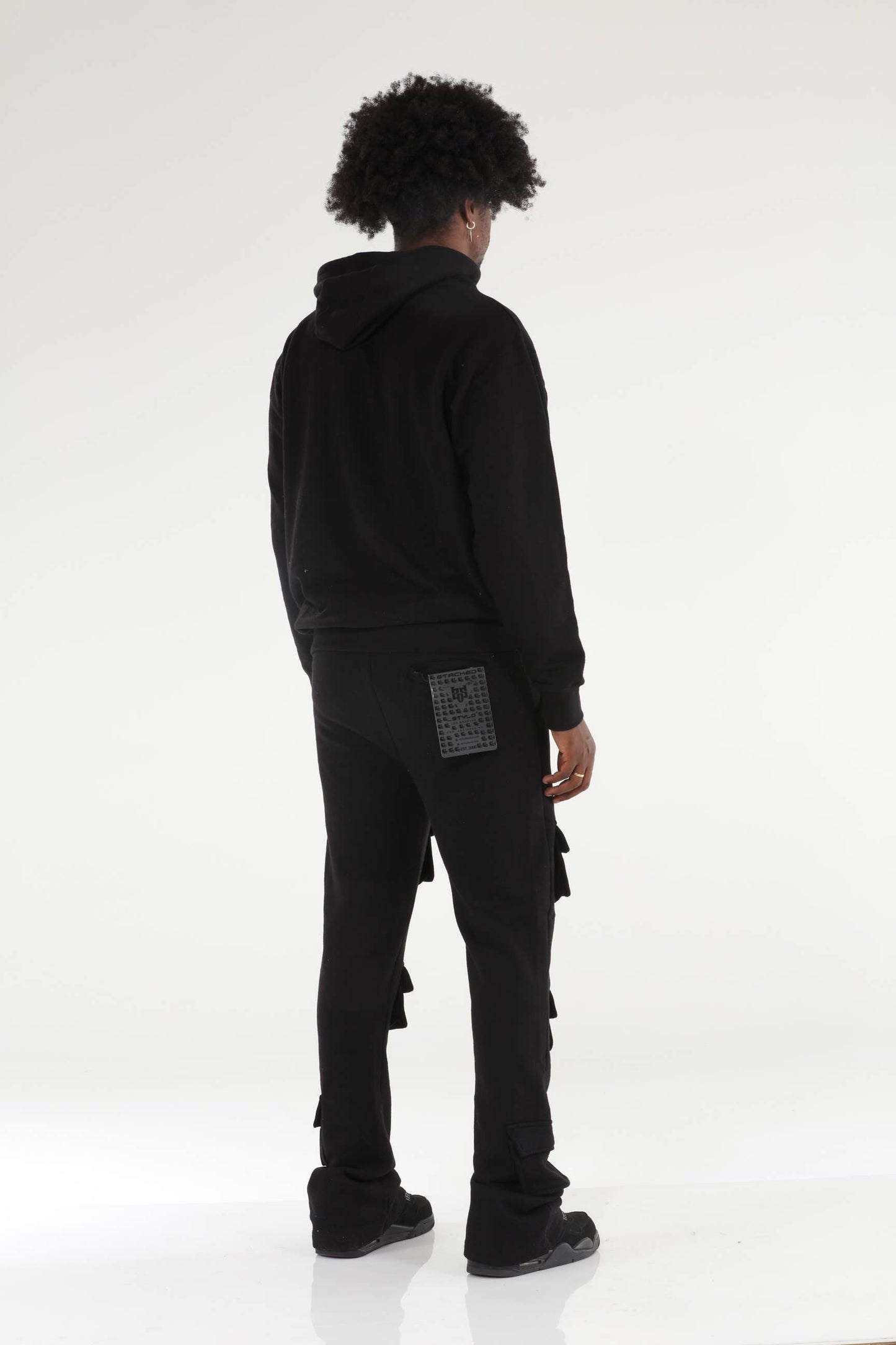 6 Pocket Black Stacked Flare Sweatsuit