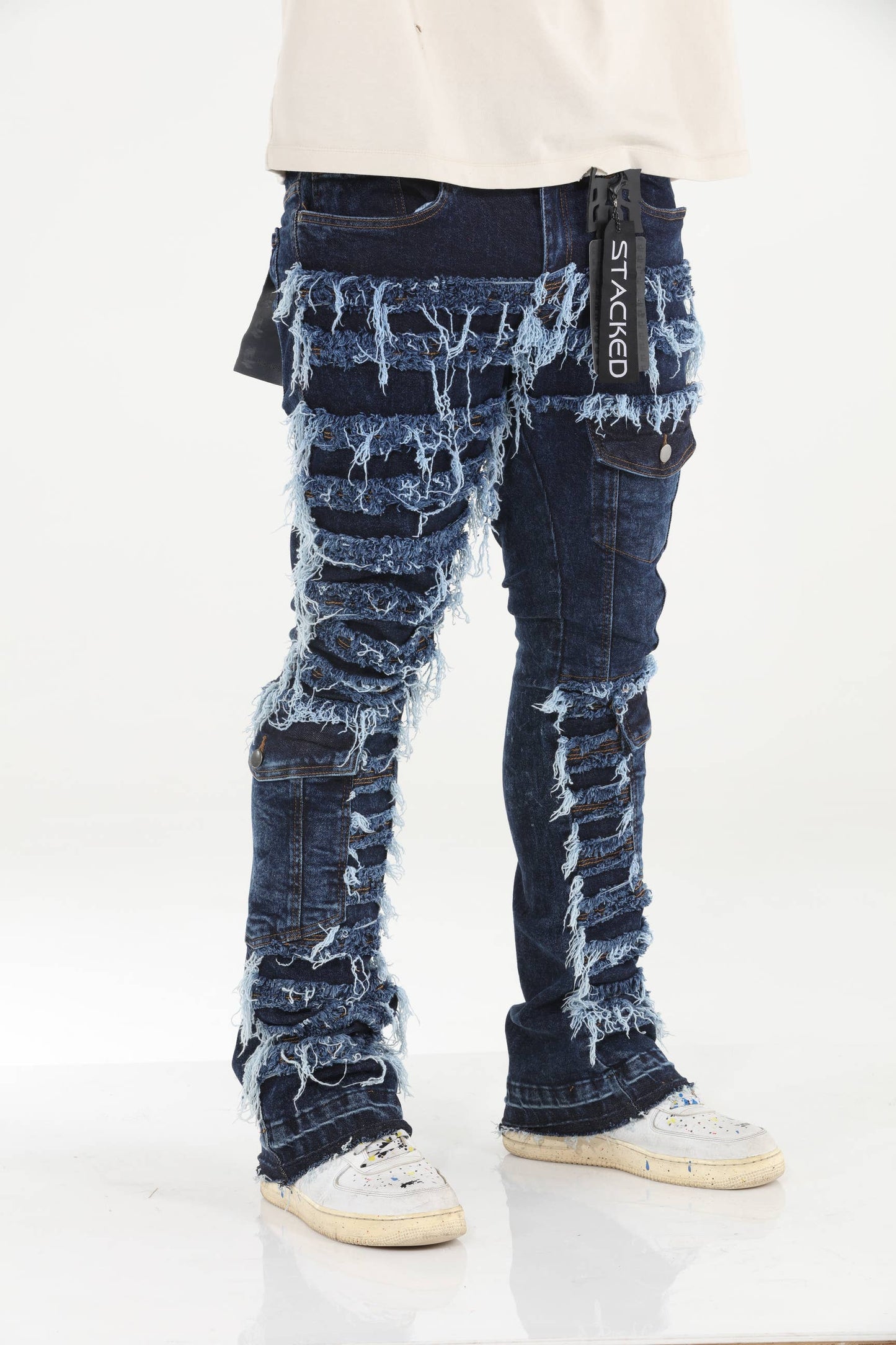 Cargo Pocket Distressed Stacked Flare Jeans