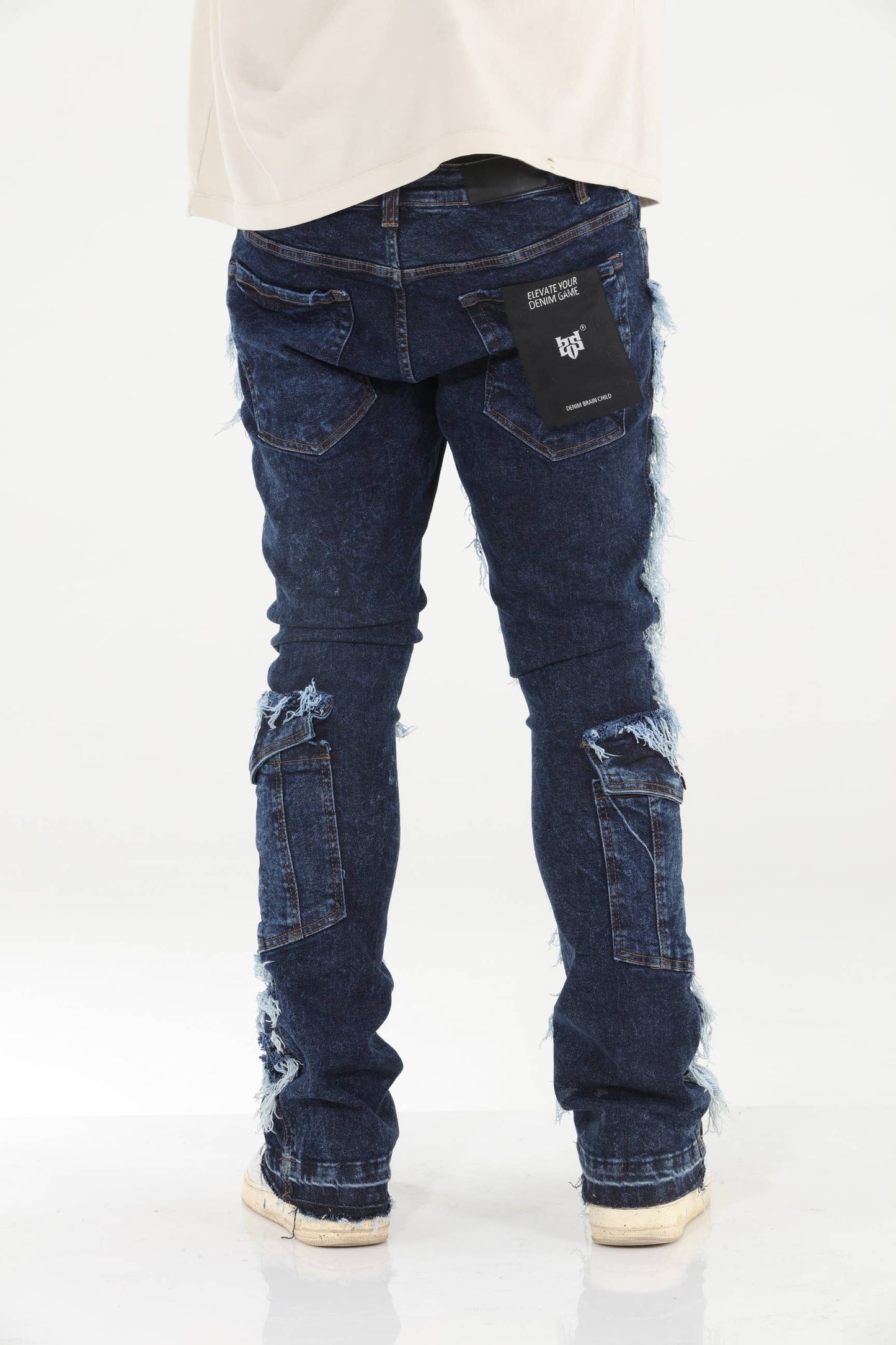 Cargo Pocket Distressed Stacked Flare Jeans