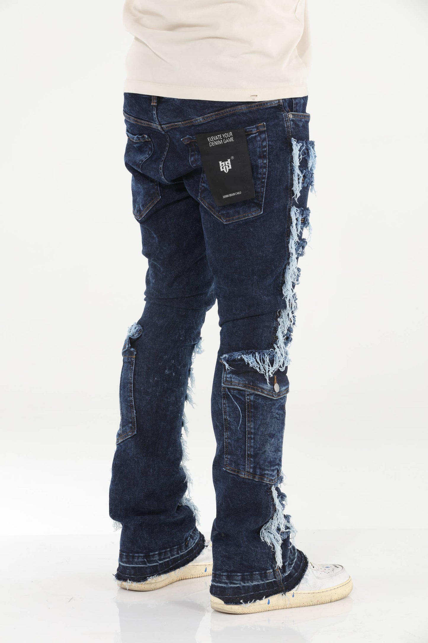 Cargo Pocket Distressed Stacked Flare Jeans