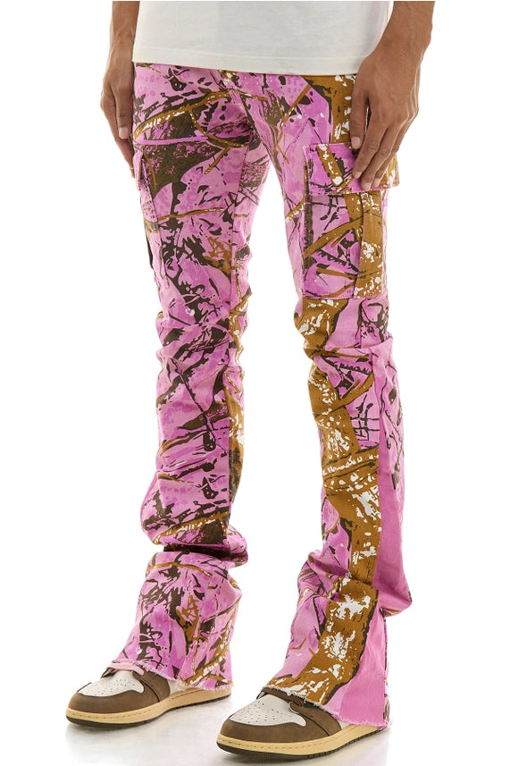 Pink Camo Hunting Cargo Stacked Skinny Flare Jeans