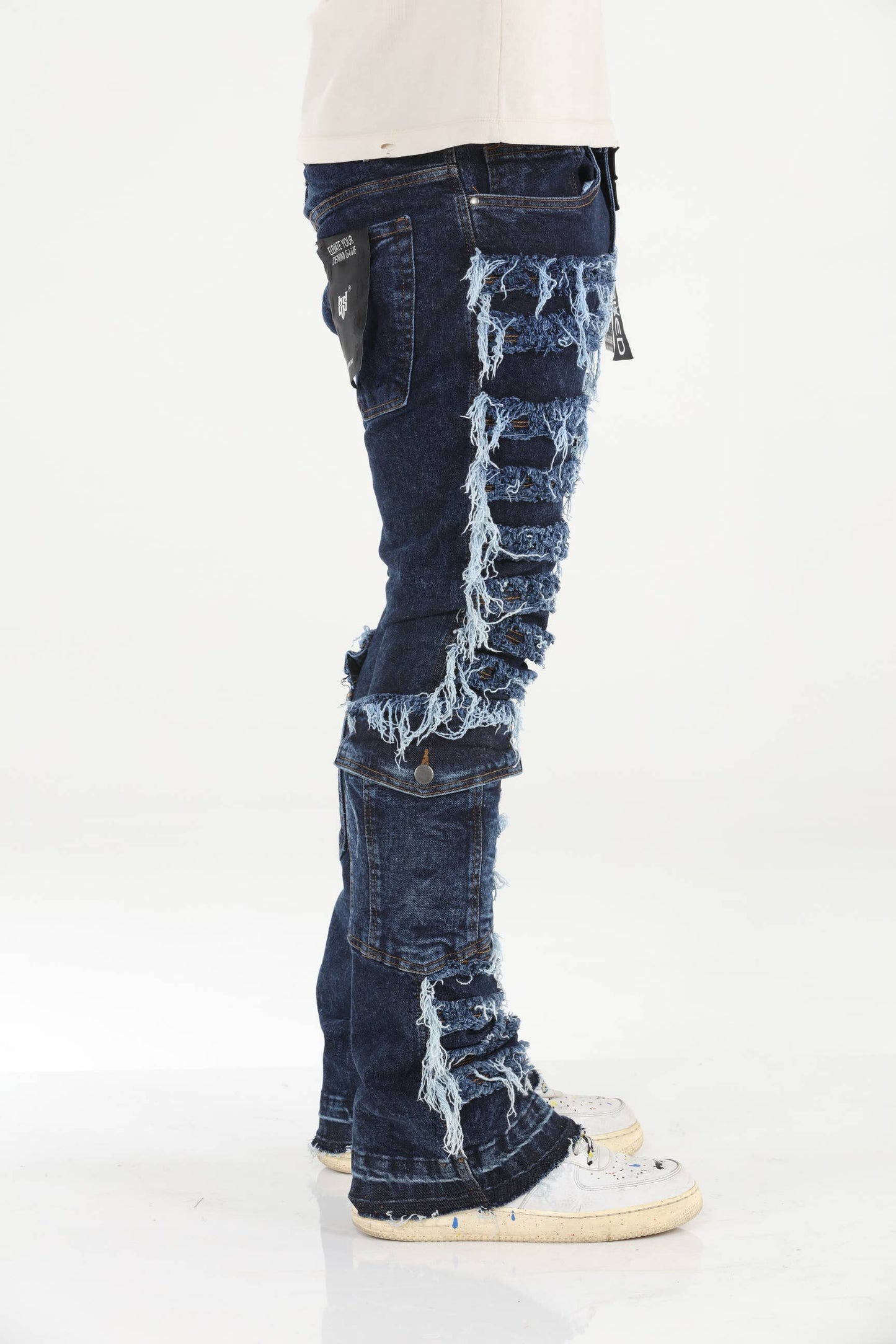 Cargo Pocket Distressed Stacked Flare Jeans