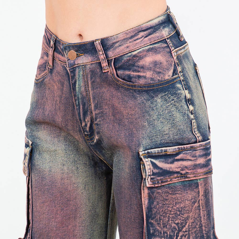 Dyed Multi Pocket Cargo Stacked Jeans